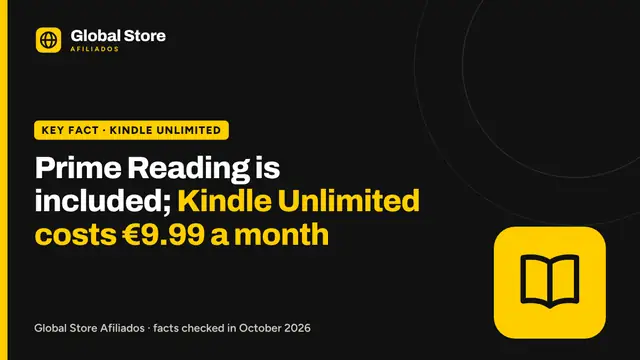 Prime Reading is included; Kindle Unlimited costs €9.99 a month. Key fact from the guide “Prime Reading or Kindle Unlimited”.