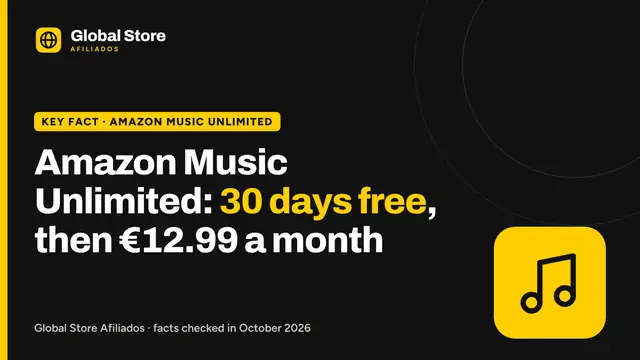 Amazon Music Unlimited: 30 days free, then €12.99 a month. Key fact from the guide “Amazon Music Unlimited”.