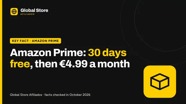 Amazon Prime: 30 days free, then €4.99 a month. Key fact from the guide “Amazon Prime free trial”.