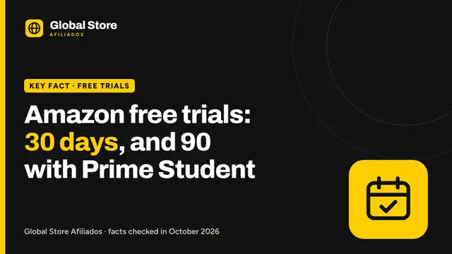 Amazon free trials: 30 days, and 90 with Prime Student. Key fact from the guide “Amazon free trials”.